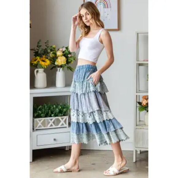 097 Oli & Hali Washed Mix Media Tiered Wide Leg Cropped Pants NEW Size Small - Picture 4 of 11